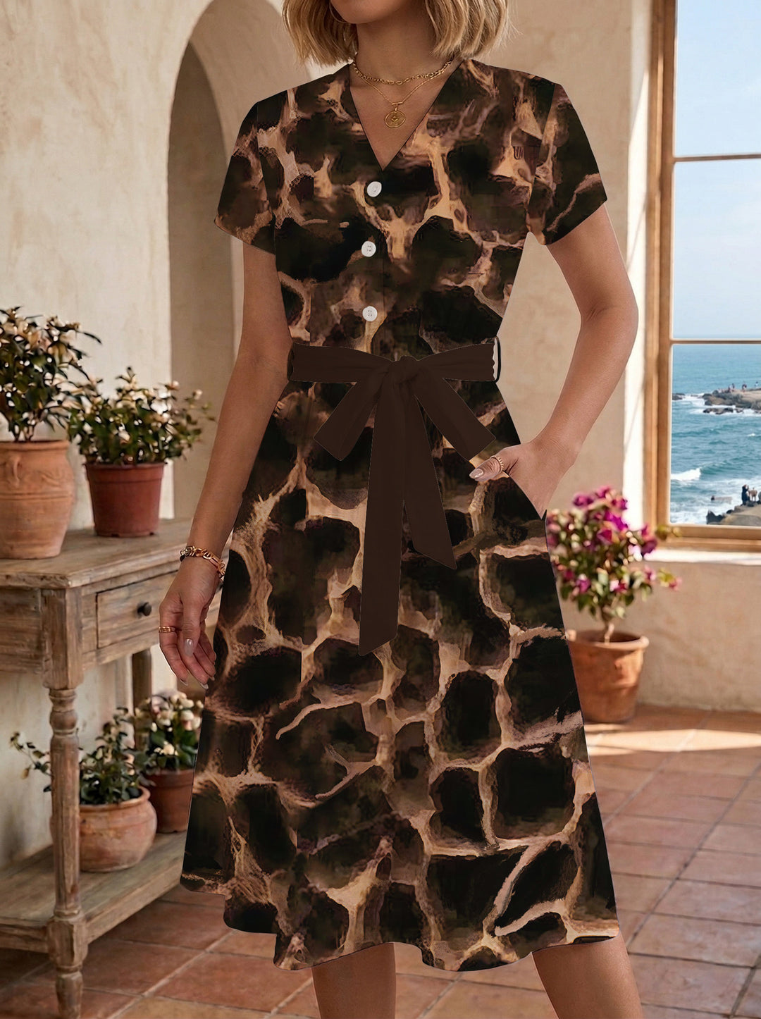 Women's Blooming Midi Dress with Adjustable Belt and Artistic Print Lune London