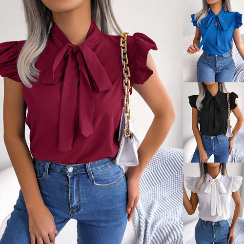 Ladies Blouse with Ruffle Details and Chic Bow Element Lune London