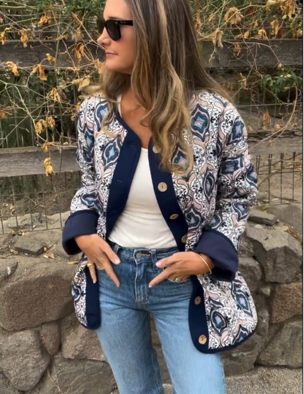 Trendy women's bomber jacket in ethnic chic style