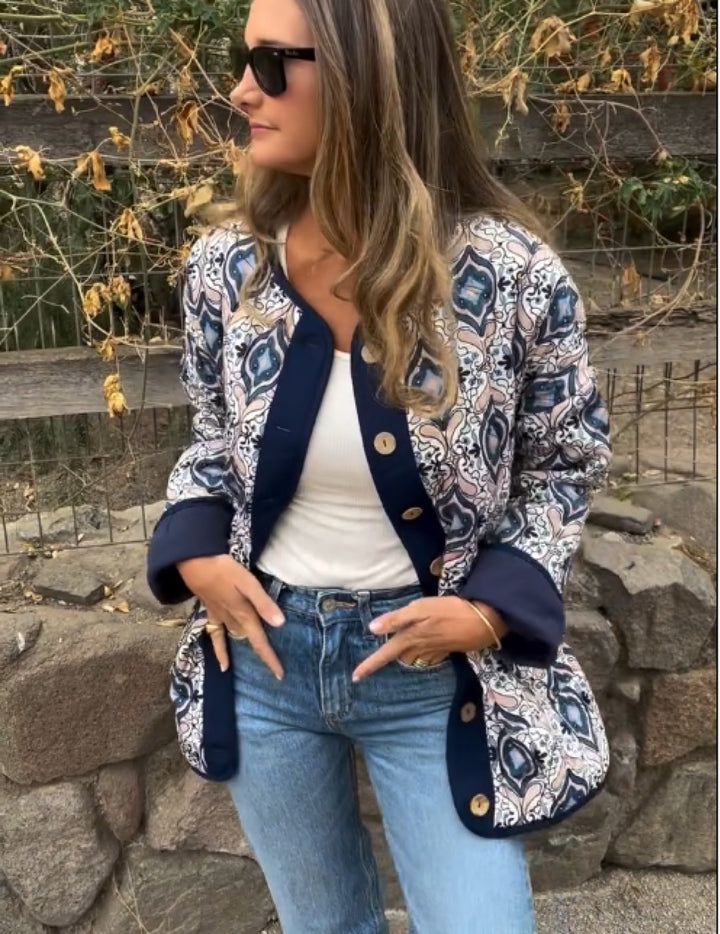 Trendy women's bomber jacket in ethnic chic style