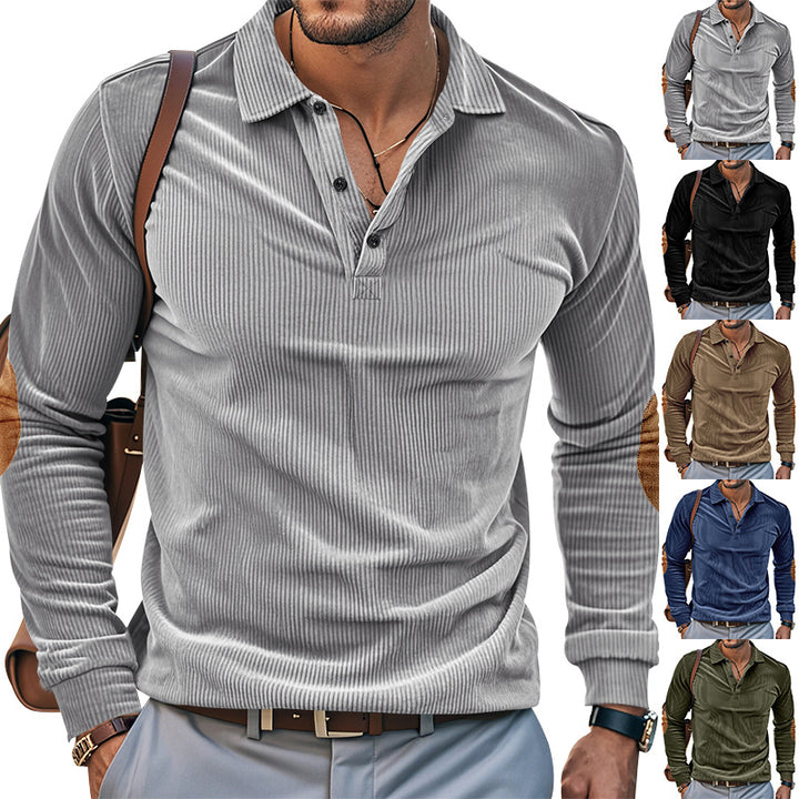Casual long sleeve Henley T-shirt for men in textured ribbed fabric with contrasting elbow patches Lune London
