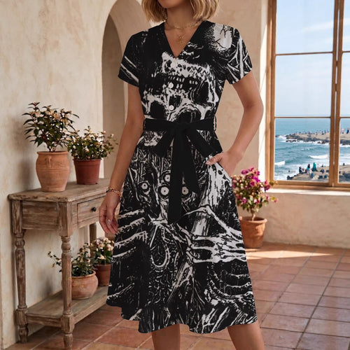 Women's Blooming Midi Dress with Adjustable Belt and Artistic Print Lune London