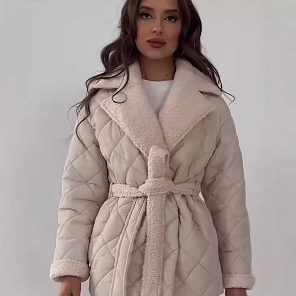 Quilted winter jacket for women with soft collar and belt Lune London