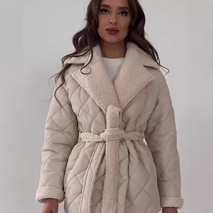 Quilted winter jacket for women with soft collar and belt Lune London