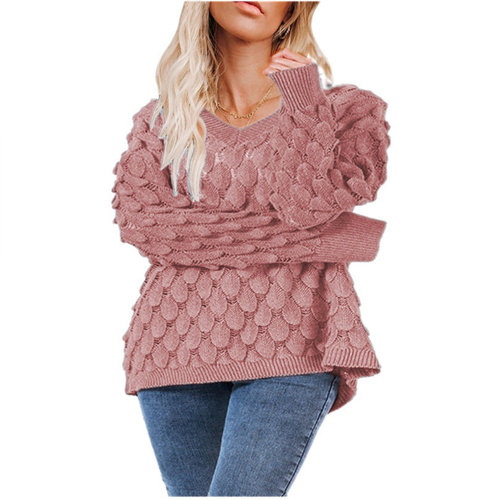 Pull en maille épaisse pour femmes avec motif ondulé sculptural et col en V Chic & Stil