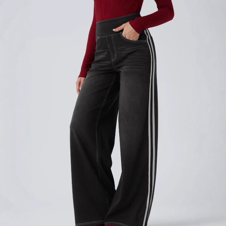 Wide denim pants for women with side stripe and high waist Lune London