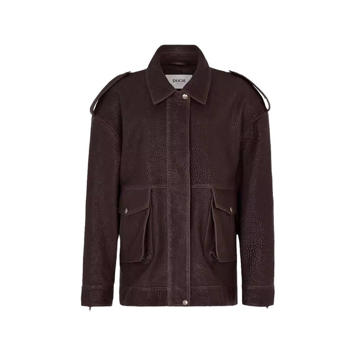Oversized leather jacket for women with a sturdy design and practical pockets Lune London