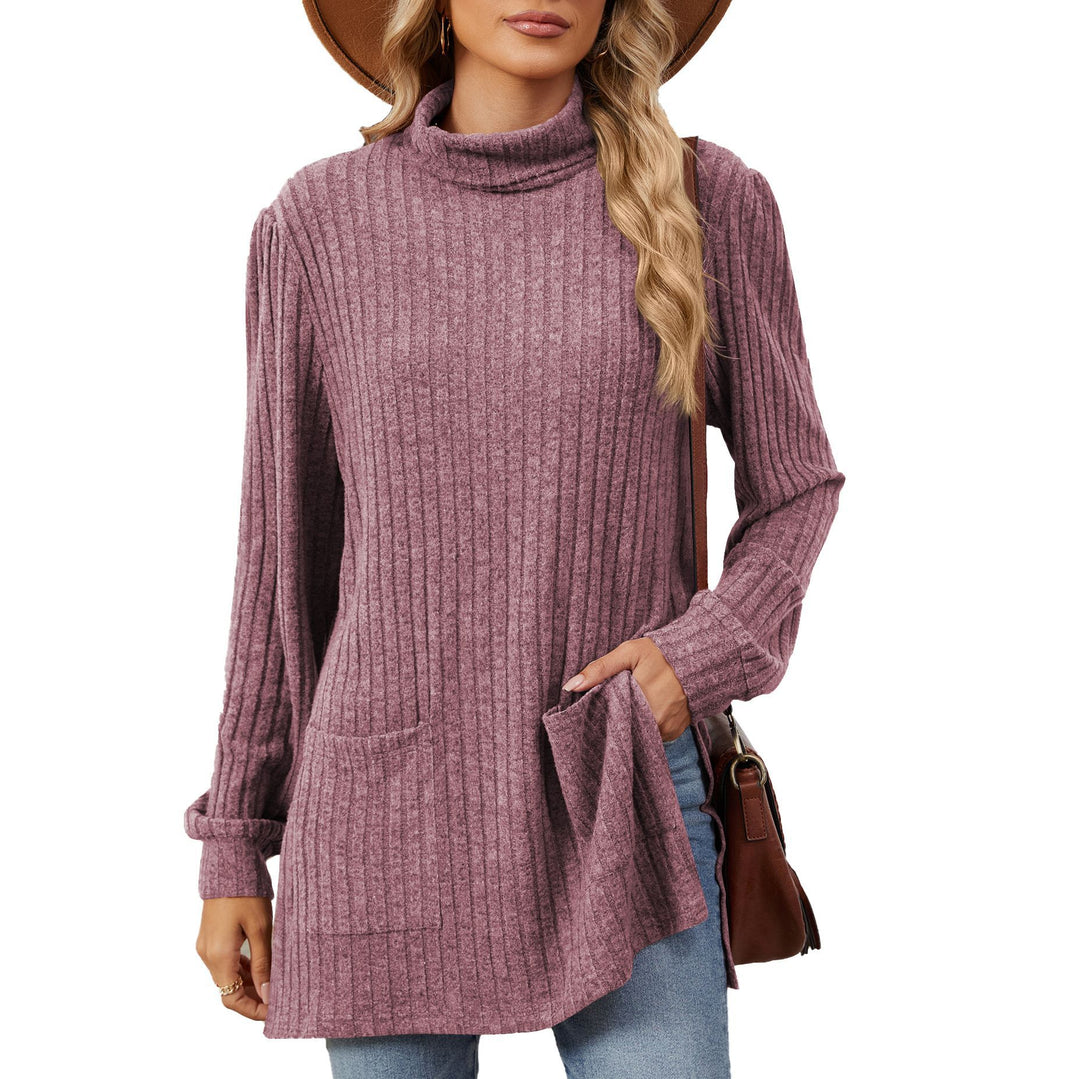 Ladies elegant top in structured knit with high collar and side pockets Lune London