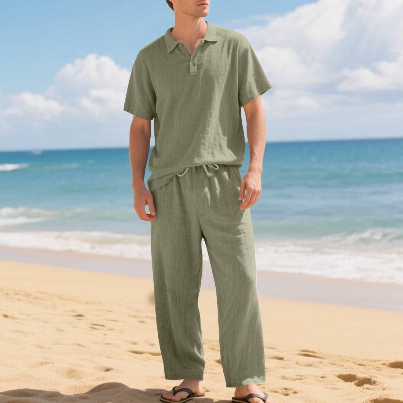 Tenue d'été décontractée pour hommes avec polo en coton de haute qualité à manches courtes et pantalons en lin confortables Lune London