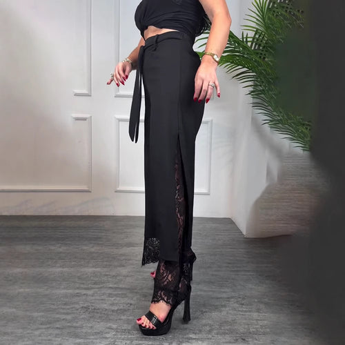Pantalons longs élégants pour femmes avec de la dentelle transparente et des fentes Chic & Stil