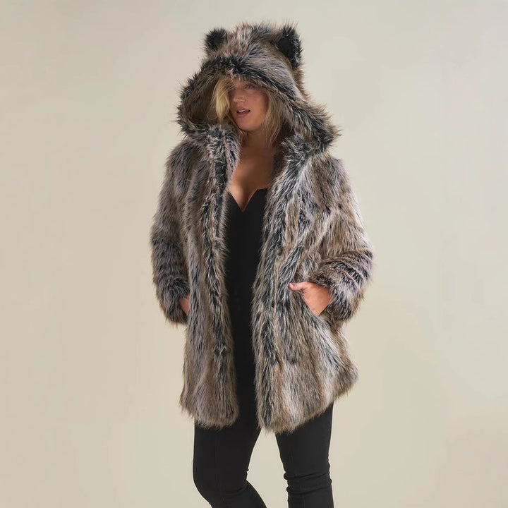 Ladies hooded faux fur coat with ear protectors Lune London