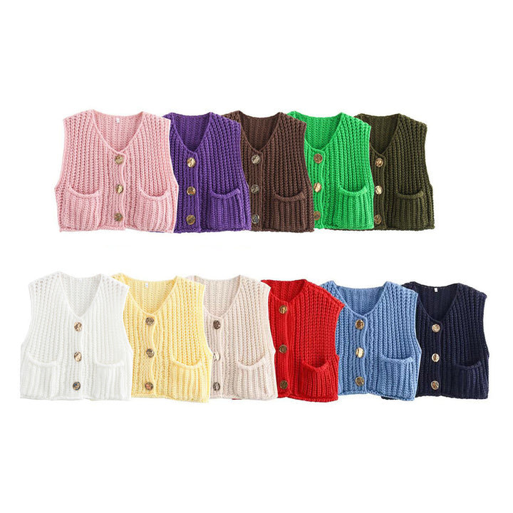 Knitted vest for women with decorative buttons and practical pockets Lune London