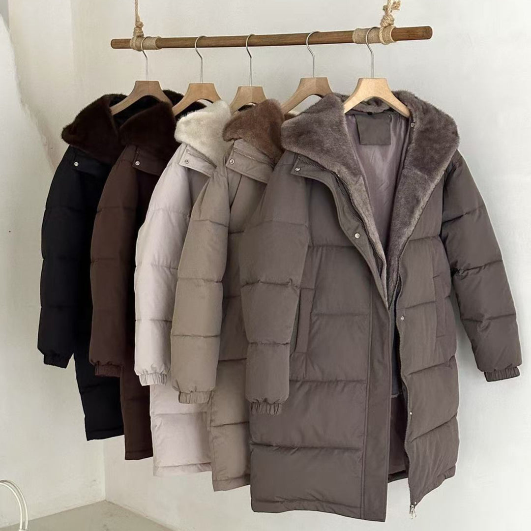 Ladies elegant winter padded parka with faux fur collar and practical pockets Lune London