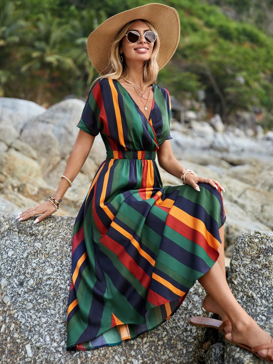 Striped maxi dress for women with optional belt Lune London