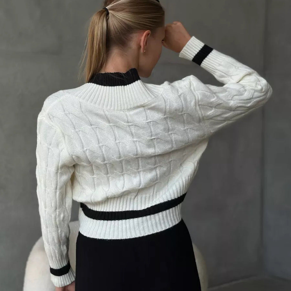 Pull crop en maille pour femme avec col en V et détails contrastés Chic & Stil