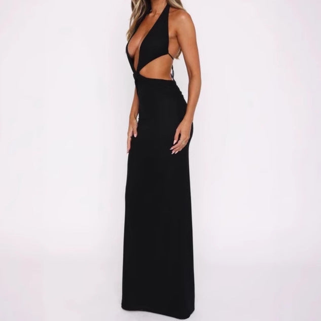 Luxury maxi dress for ladies with deep V-neck and bold cut-out details Lune London
