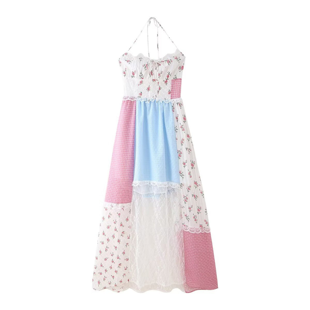 Maxi dress for women with a floral and checked patchwork look Lune London