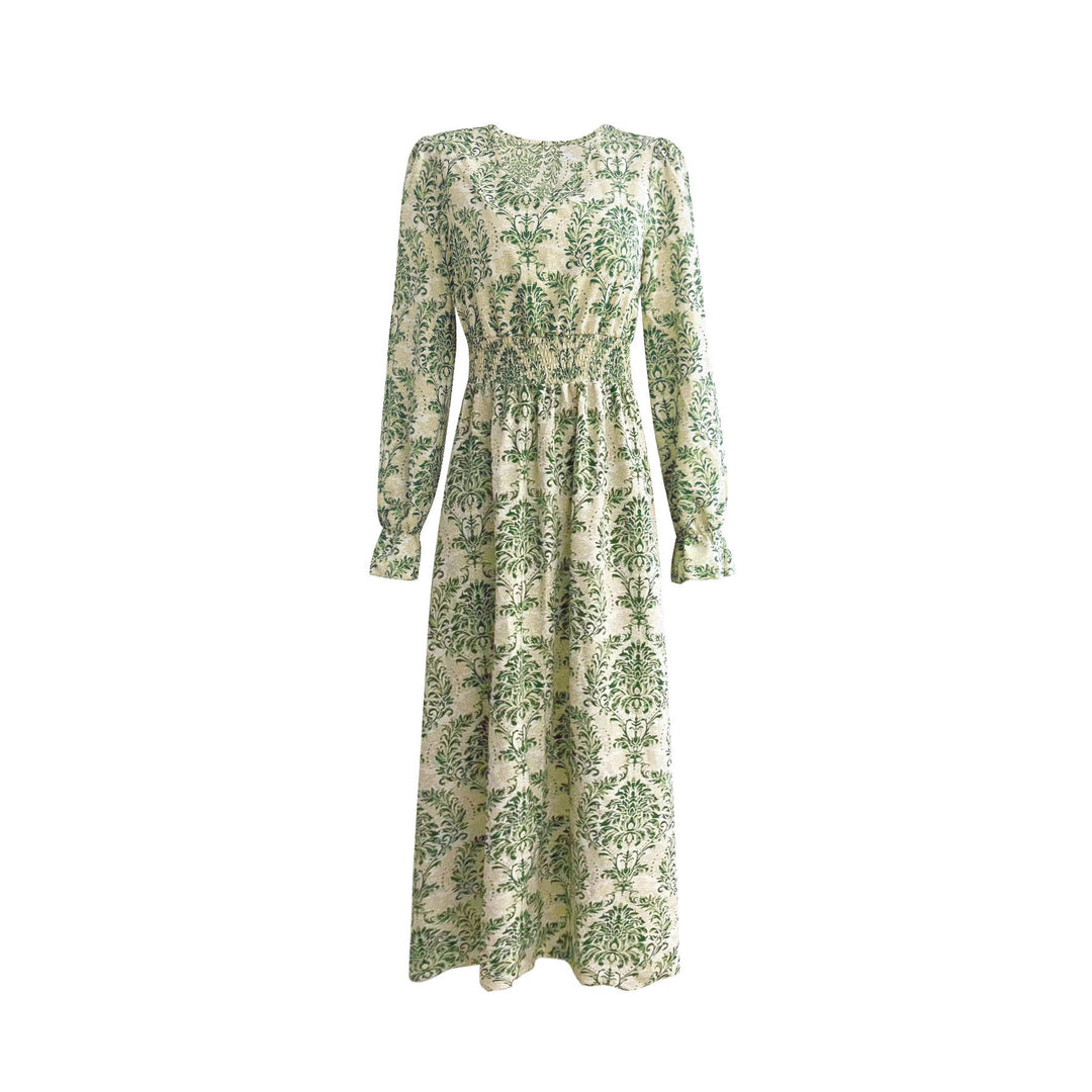 Long maxi dress for women with floral Jacquard pattern and voluminous sleeves Lune London