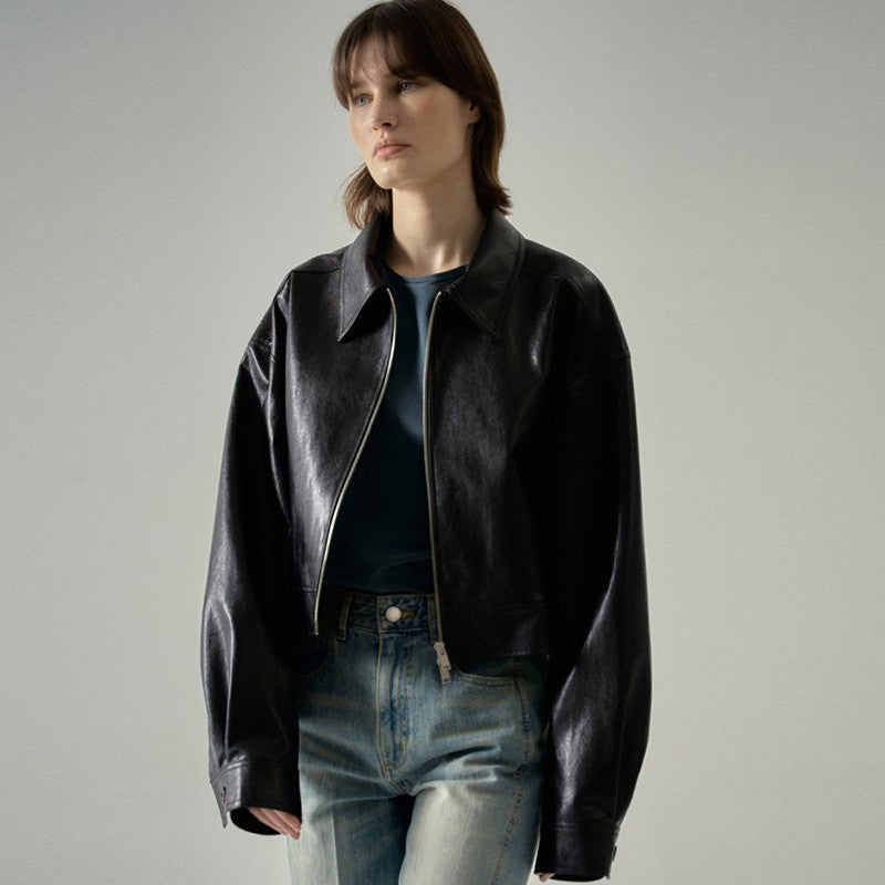 Women's leather jacket with modern oversized cut and innovative details Lune London