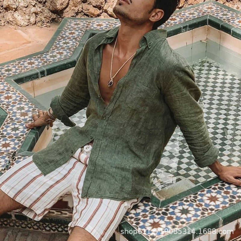 Light linen shirt for men with modern collar and casual chic design