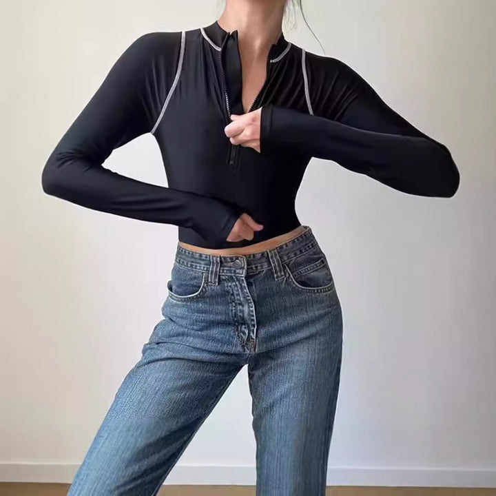Women Long Sleeve Cropped Sports Top with Zipper Lune London