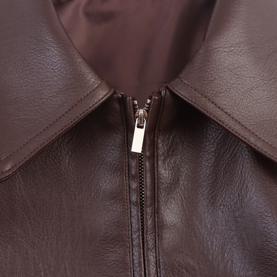 Synthetic leather jacket with high collar and elastic waist for women Lune London