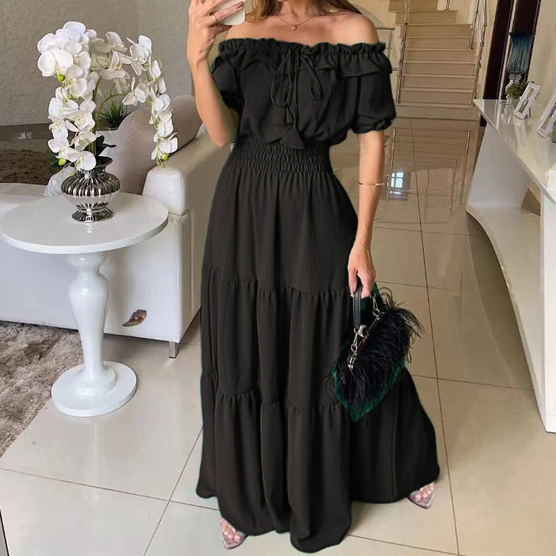 Women’s maxi dress with off-shoulder design and voluminous ruffles Lune London