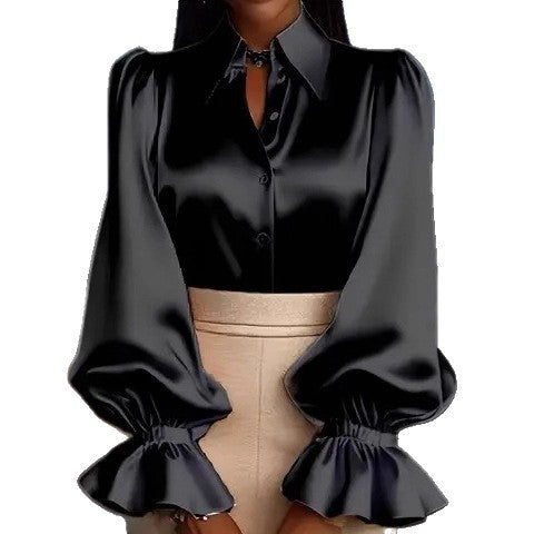 Ladies elegant silk blouse with puff sleeves and chic button placket Lune London