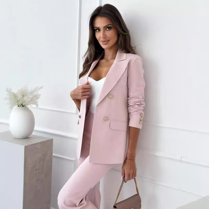 Women Elegant Double-Breasted Blazer with Gold Buttons and Modern Cut Lune London