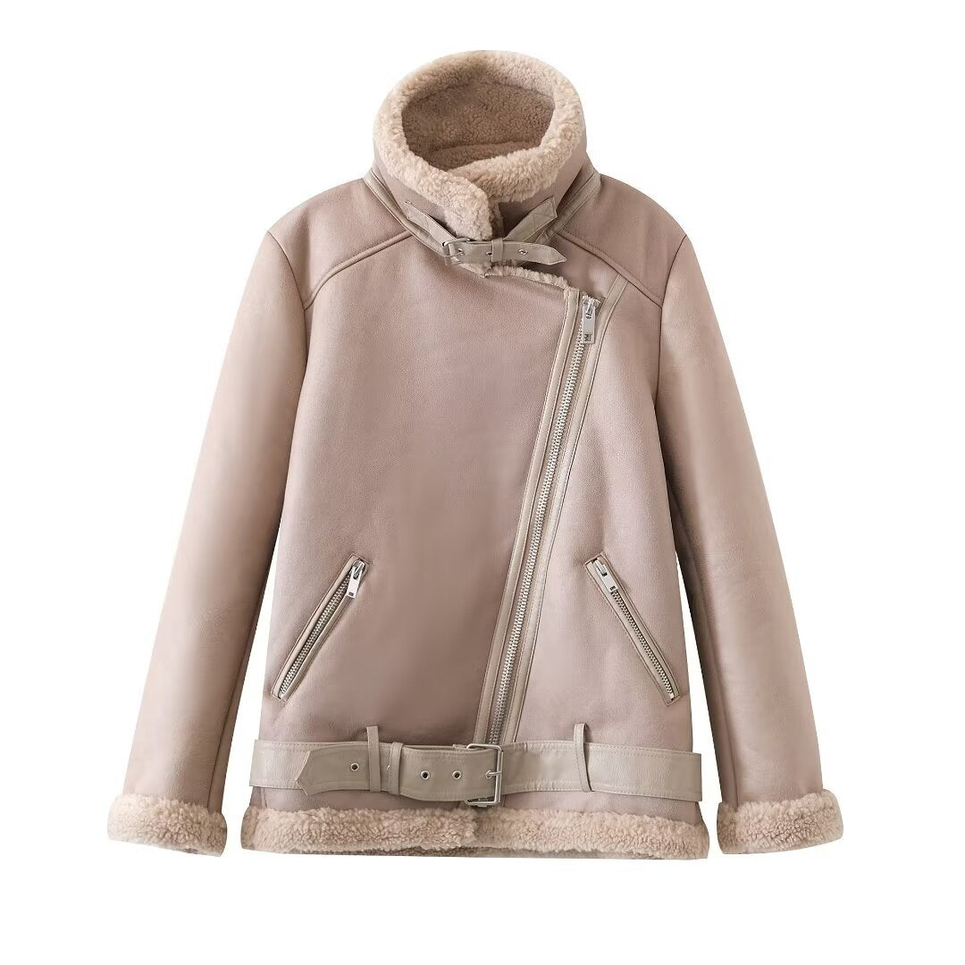 Casual faux leather jacket for women with warm lining and asymmetrical zips Lune London