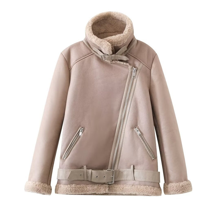 Casual faux leather jacket for women with warm lining and asymmetrical zips Lune London