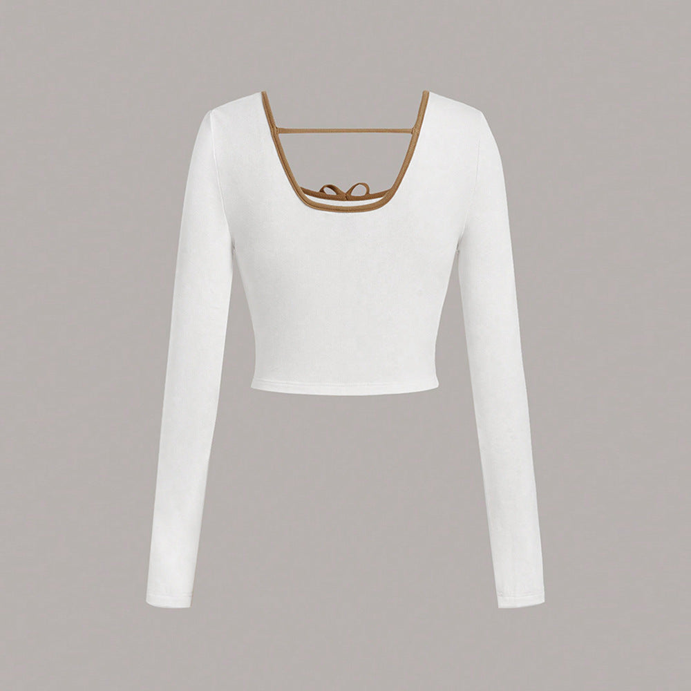 Long sleeve cropped top for women with an elegant square neckline and sophisticated knot details Chic & Stil