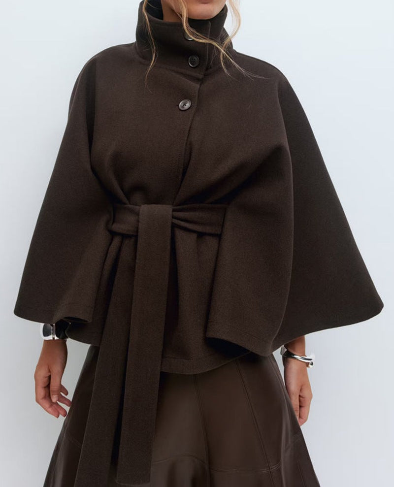 Ladies modern Cape-jacket with removable belt and high collar Lune London