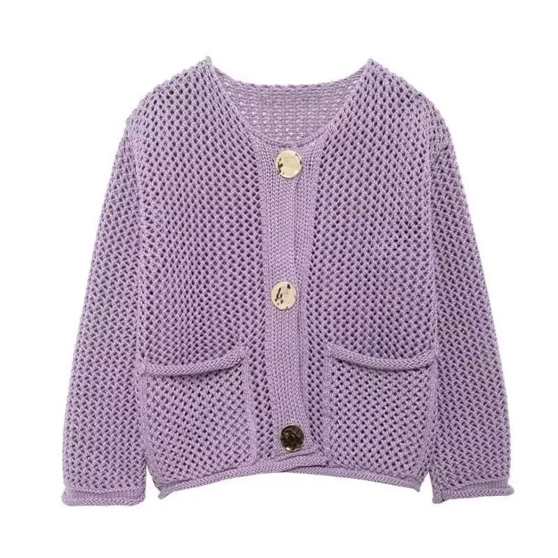 Cardigan pour femmes avec structure en mesh et grands détails de bouton Chic & Stil