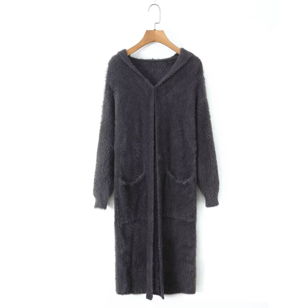 Manteau long en tricot confortable pour femmes avec capuche et poches pratiques