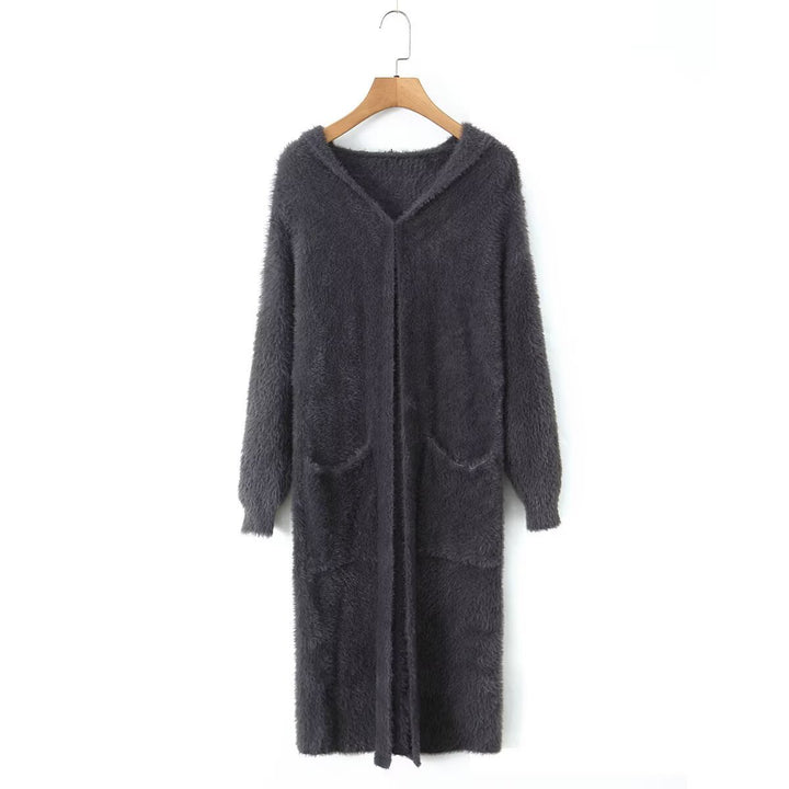 Manteau long en tricot confortable pour femmes avec capuche et poches pratiques
