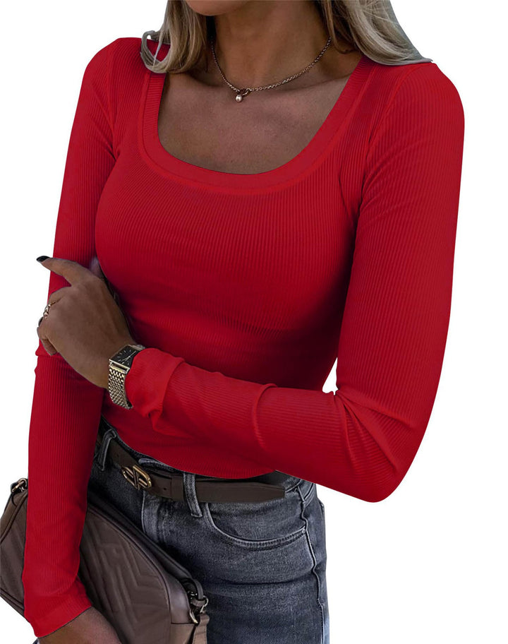 Women’s Long Sleeve Ribbed T-Shirt with Elegant Boat Neck Lune London