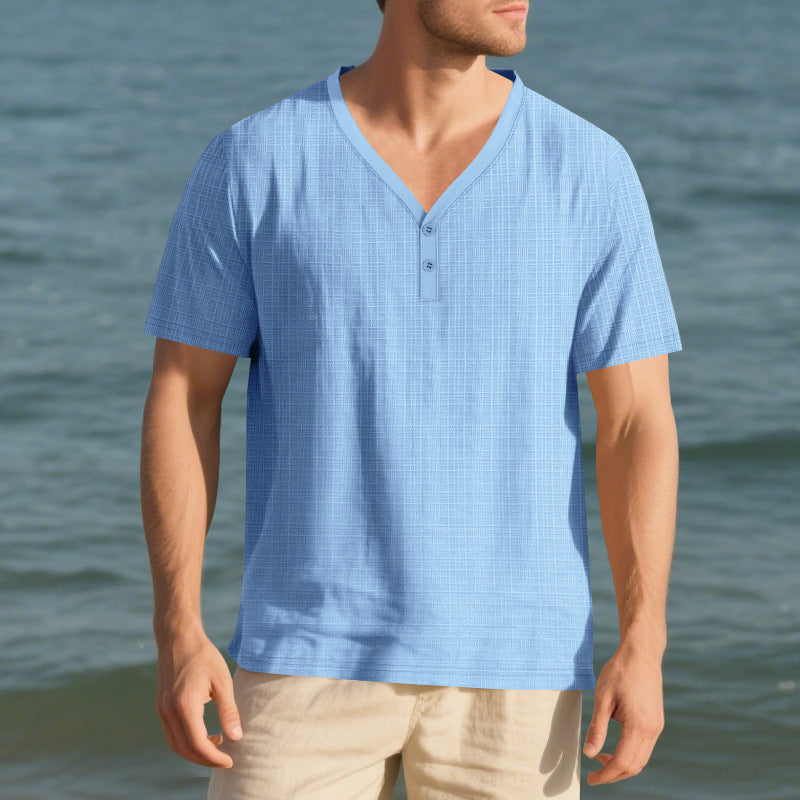 Men's short sleeve Henley shirt with textured design and stylish accents Lune London
