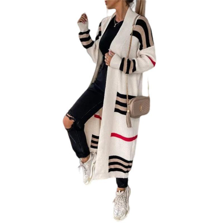Long knit jacket for women with trendy striped pattern Lune London