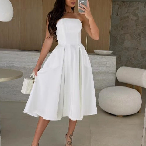 A-line midi strapless dress for women with flowy skirt Lune London