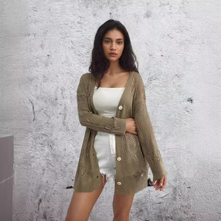 Knitted jacket for women with perforated pattern and button closure Lune Londonl