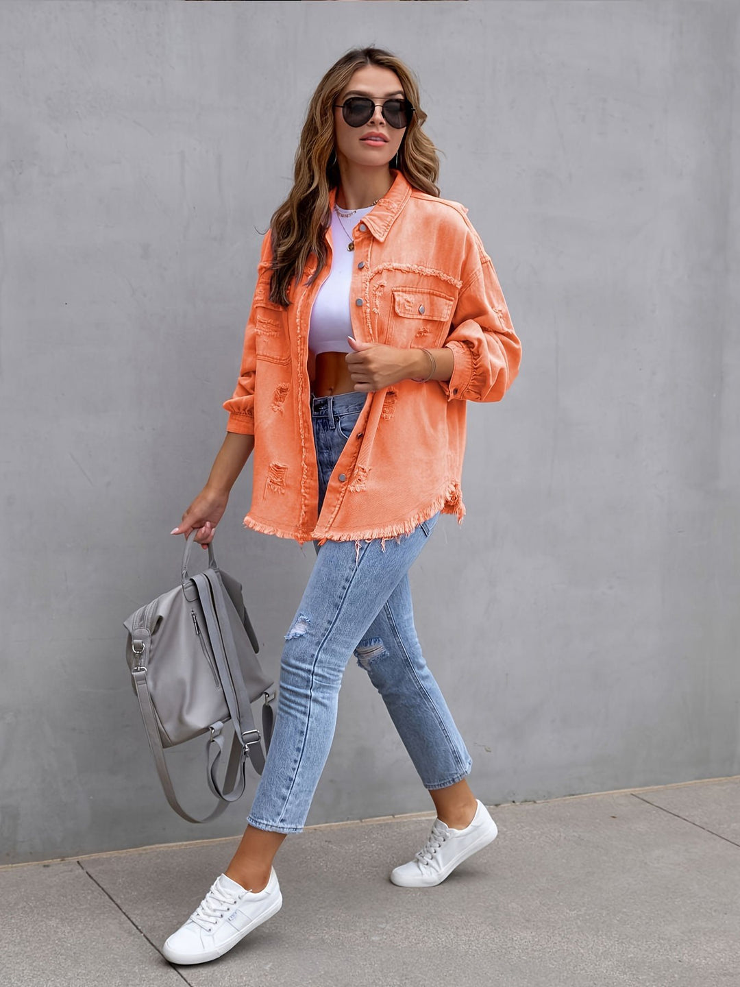 Oversized denim jacket for women with frayed edges and patch pockets Lune London