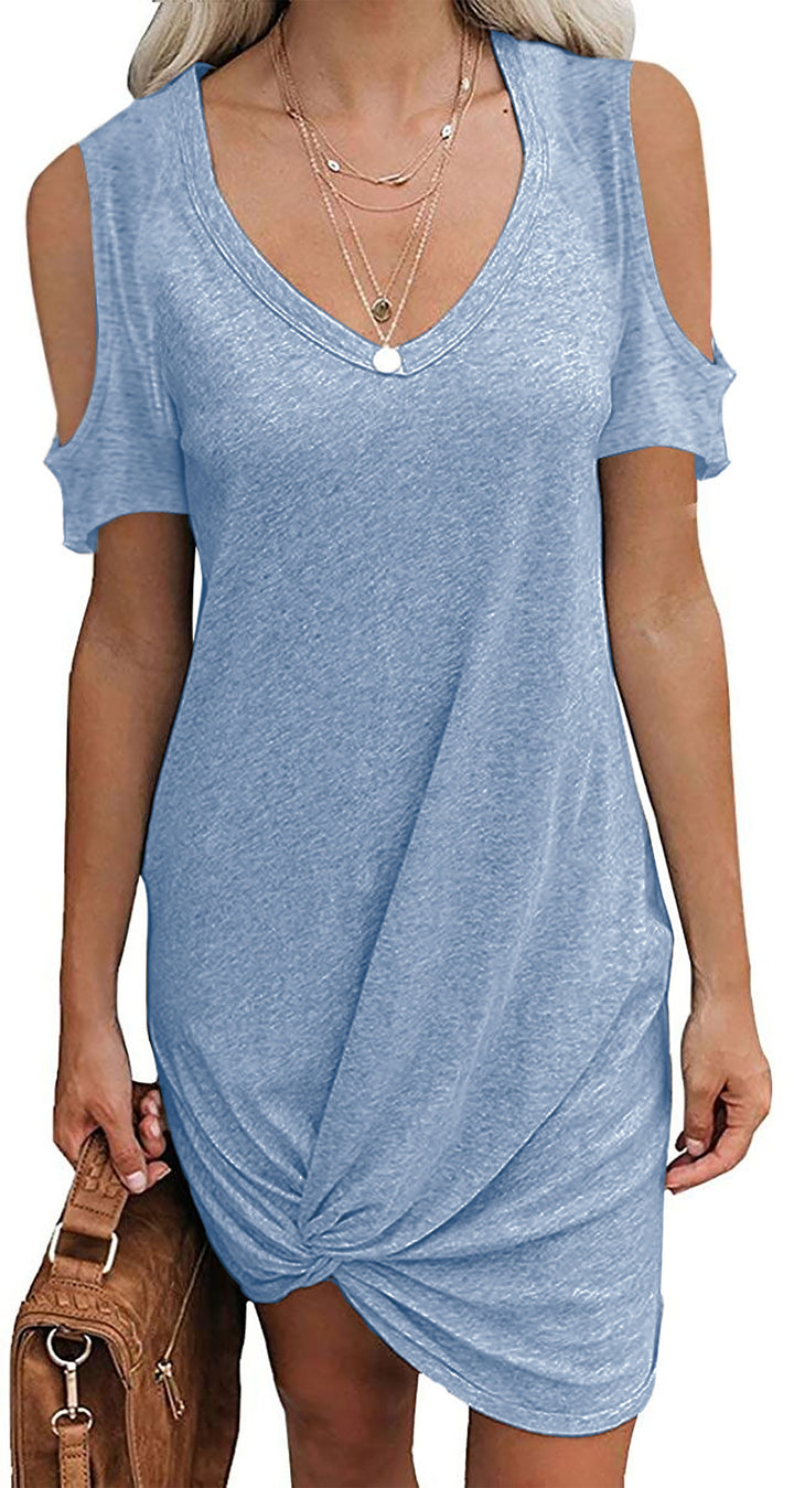 Mini V-neck dress for ladies with open shoulder design and refined tying details Lune London