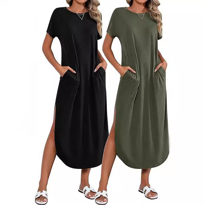 Casual maxi dress for women with side slit and pretty round neck Lune London