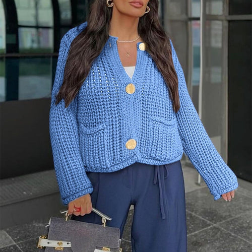 Ladies Sweatshirt in Knit with Large Buttons and Patch Pockets Lune London