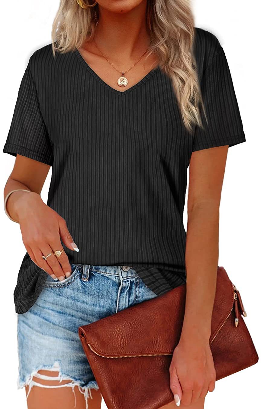 Viscose T-shirt for women with a fine ribbed knit pattern and a casual V-neck Lune London