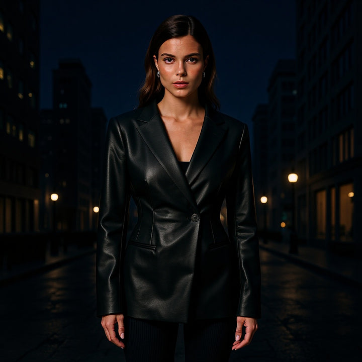 Veste blazer en faux cuir pour femmes avec poches discrètes et coupe moderne Chic & Stil