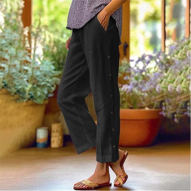 Linen pants for women with side button details and relaxed fit Lune London