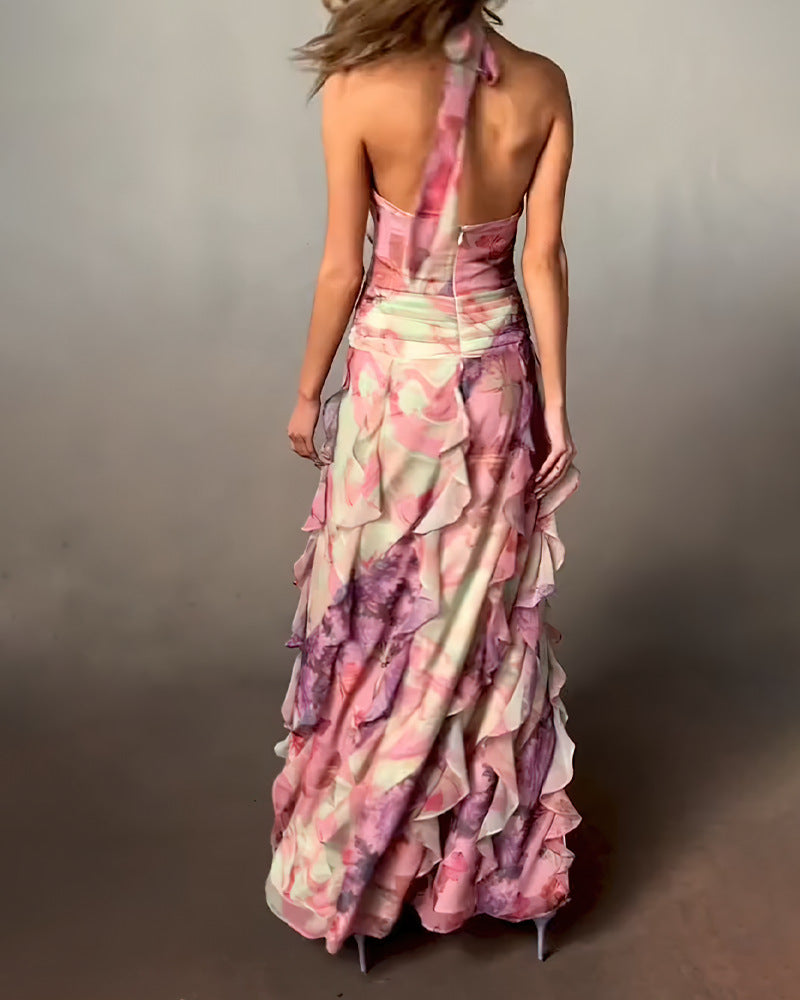 Women Elegant Maxi Dress with Ruffle Layers and Deep V-Neck Lune London