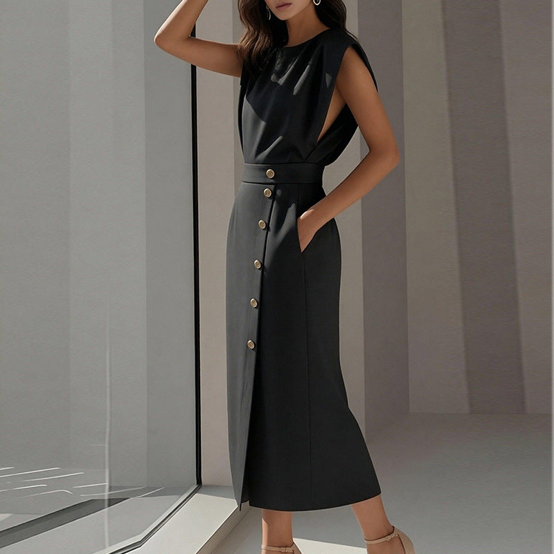 Robe midi élégante pour femmes avec détails de bouton et fente sur le côté Chic & Stil
